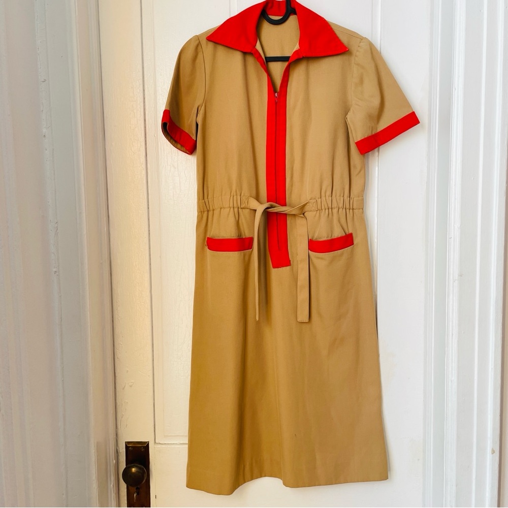 VTG Tan Wool Shirt Dress with Orange Red Collar, Trim, Belted